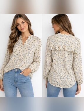 Max Studio Floral Ruffle Back Blouse Cream Blue Yellow S